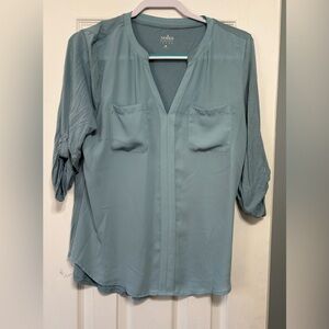 New York & Company Blue V-Neck Blouse with Pockets